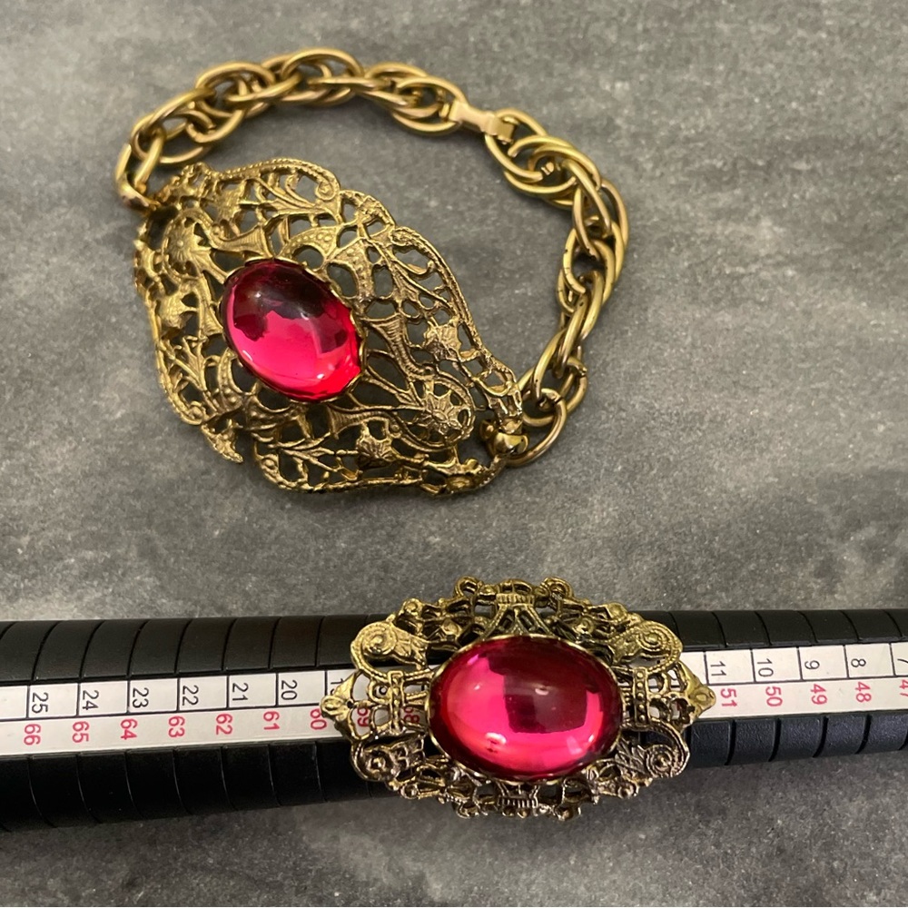 Vintage West Germany Gold Filigree Bracelet Red Glass Ring Set - Picture 14 of 16